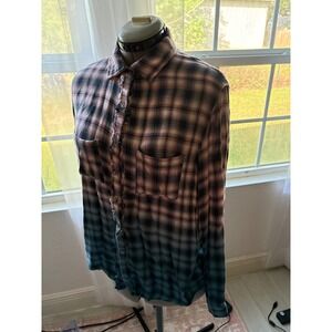 BD Collection Button Down Women M Pink Blue Ombre Plaid Frayed Distressed Shirt